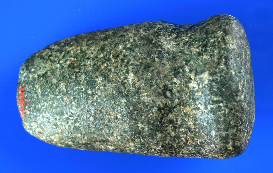 4 1/8" 3/4 Groove Axe - Jackson COA: Very pretty cream and black speckled granite. Highly developed form with flat top poll and nice polish. Old collector # '1794' written in red paint. Found in Missouri. Jackson COA.