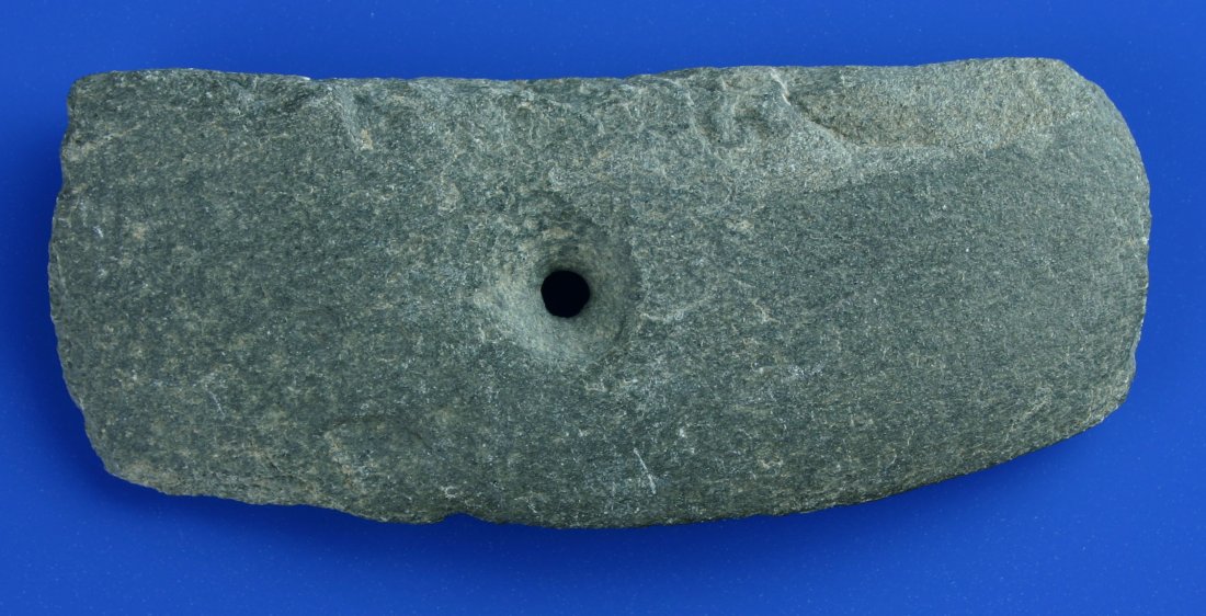 4 3/8" Center Drilled Ancient Chinese Axe: Great example of an extremely old Chinese axe-form. Made of gray hardstone with a nice sharp bit.