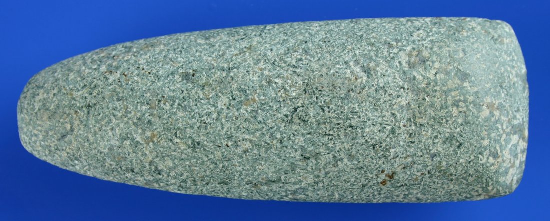 5 1/16" Celt: Extremely pretty light blue and cream colored speckled granite. Virtually perfect condition. Found in Ohio. Ex- Gary Mumaw Collection.