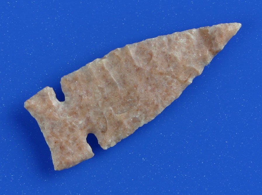 1 5/16" Reed: Exceptional. Ultra thin. Salmon colored translucent chert. Spiro Mound area, Oklahoma.