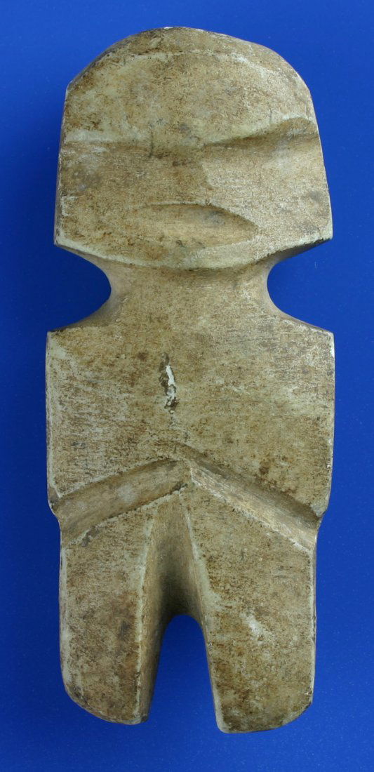 4 1/2" Guerrero Mezcala Figurine: Nicely made good sized example in a cream alabaster. Mexico. Marked 'MEZ:2:4:18' on inside of one leg.