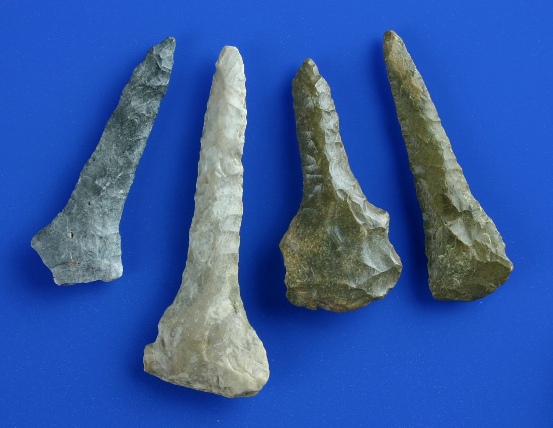 4 Large Oklahoma Drills: Biggest is 3 1/8" and made of pretty Kay County Chert. All nicely river polished with great sheen. All completely intact. All found by Homer Wooley in Kay Co., Oklahoma.