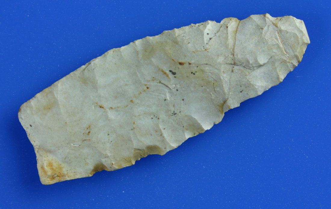 2 3/4" Unfluted Clovis: Classic primary flaking and secondary reduction, however the final piece ended up too thin to flute. Kansas. Ex - Walker Collection. Rogers COA as Angostura however we disagree.