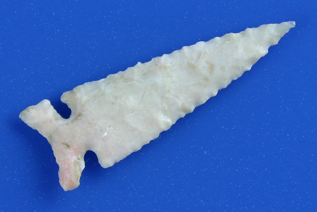 Huge 1 5/8" Haskell: paper thin. Excellent form and condition. Wonderful serrated edges. Translucent cream chert. Spiro Mound area, Oklahoma.