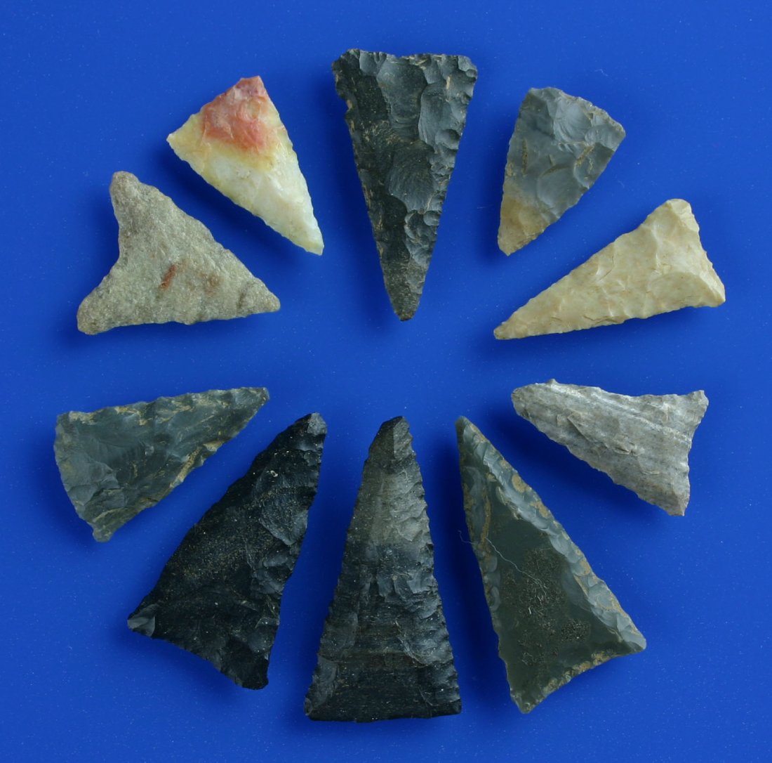 10 Kentucky Triangles: Biggest is 1 1/2". Numerous pretty materials - Coshocton, Tyrone, Hornstone, Boyle, Breathitt, and even one translucent sugar quartz. All found in Nelson Co., Kentucky. Ex- John Sears Collection.