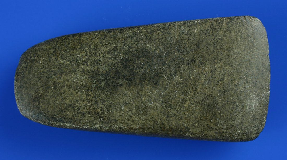Perfect 4" Celt: Perfect example. Thin, polished, square sides, flaring edges,and damage free. Really fine. Green speckled granite polished over its entirety.. Found in St. Charles Co., Missouri.