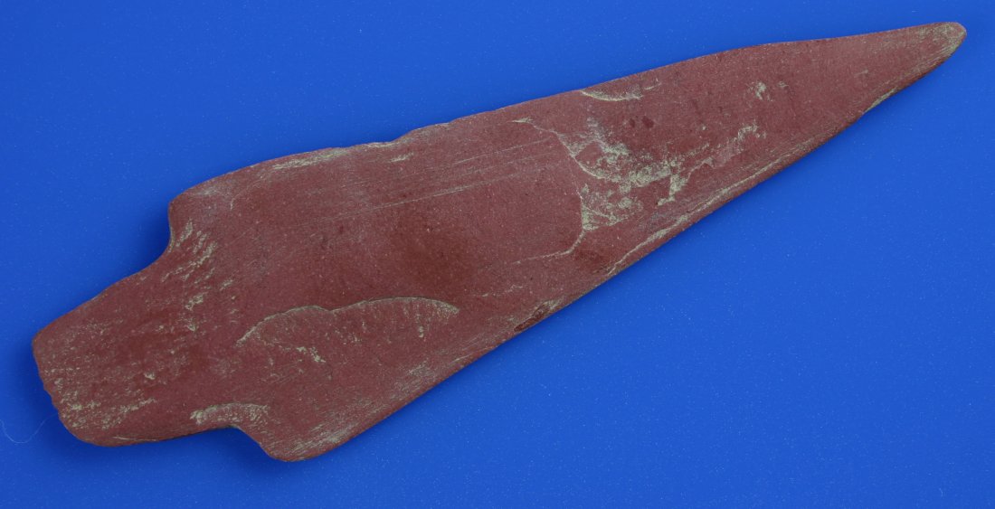 6 1/4" Slate Spear - Davis 'G-9' COA: Really pretty red slate. Very thin. Found in Maine. Davis 'G-9' COA.