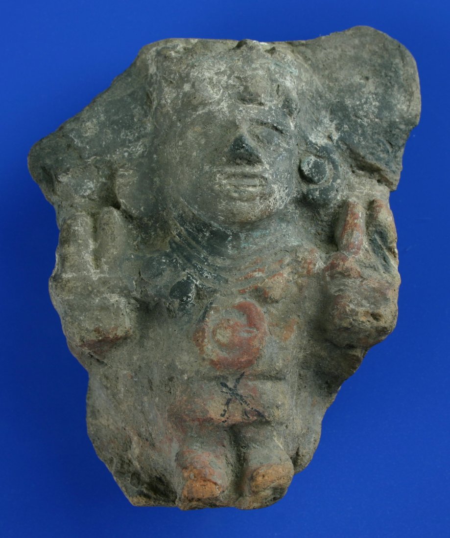 5" X 4" Hefty Mayan Diety Effigy: Very detailed with ear spools, necklace with big pendant, headdress, holding sacred objects, full body, etc. Fragmented from a really large vessel or maybe even a wall design. Neat piece. Displays gre