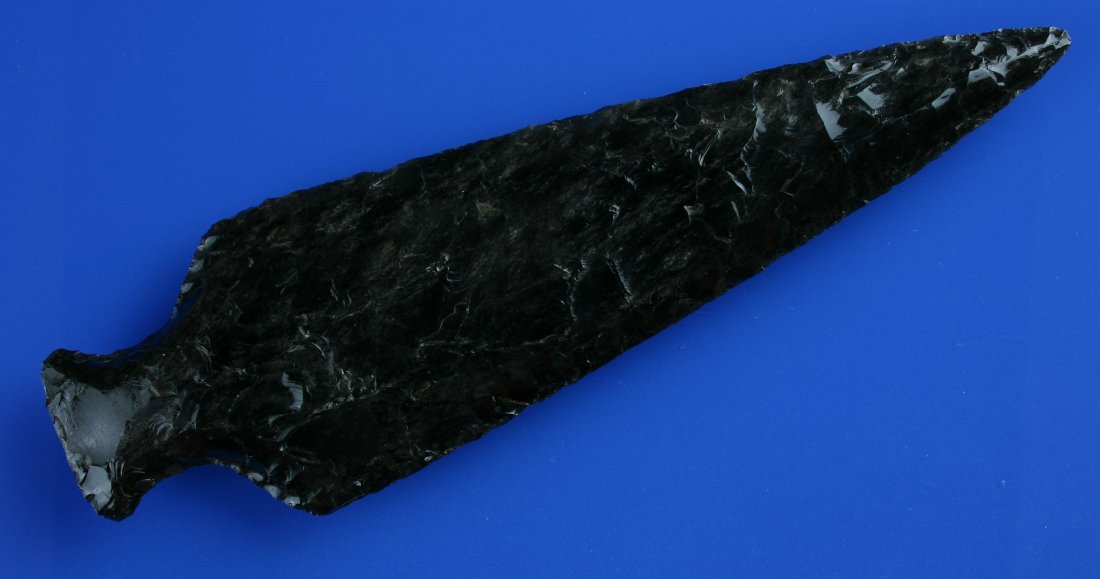 10" Yurok/Miwok Spear/Dance Point: Obsidian example from Lake Co., California probably dating to turn of the century - circa 1900. Includes letter from Dwain Rogers regarding the Historic nature of the piece. Ex - Col. Raymond Vietzen