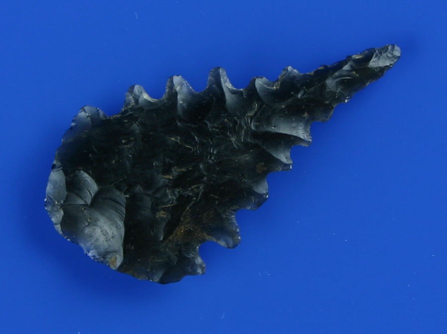 1 1/4" Maljamar - Jackson 'G-9' COA: Translucent black Obsidian with serrations to die form. Found in Pima Co., Arizona. Ex- Abbinante Collection. Jackson 'G-9' COA.