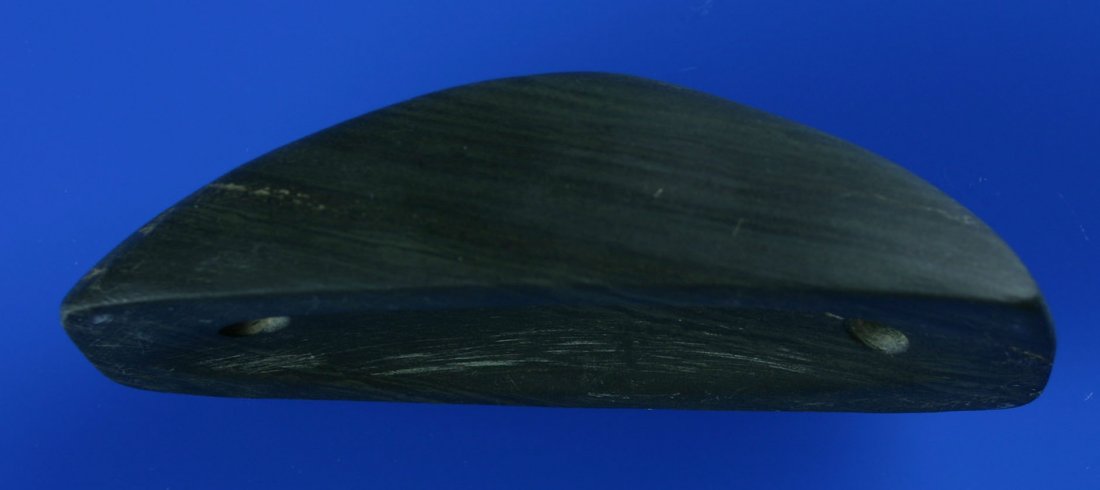3 3/4" Banded Slate Boatstone - Jackson COA: Exceptional green banded slate example with great form and in excellent condition. Ohio. Jackson COA.