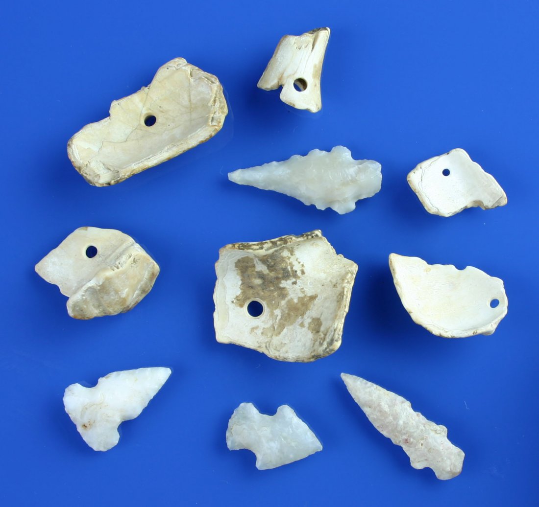 Point and Shell Display.: 6 pieces of drilled shell, along with 4 quartz/chalcedony points. All ex - Dr. Joe Daugherty Collection. Would display very well on a black background.