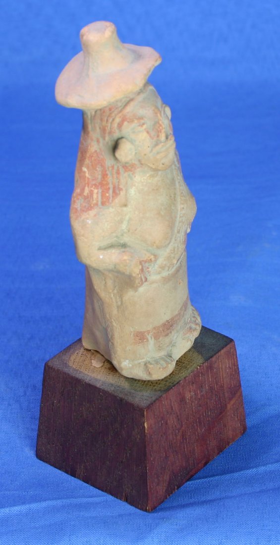 5" Mayan Clay Female Figurine/Ocarina - Jackson COA: Found at Jonota, Tabasco. Mayan ruins of Palenque are located just 11 miles away. Hat, earspools, classic bluff terra cotta with lots of detailed red paint. Ca. 200 A.D. Ex- Dr E.F. Simpson collection