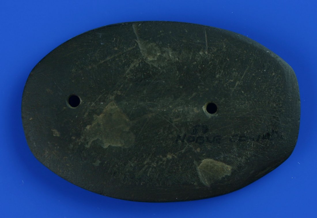 3 1/2" Hopewell Ovate Gorget: Dark Colored slate example formerly of the Dr. Walker estate collection. Marked 'Noble Co., Indiana'.