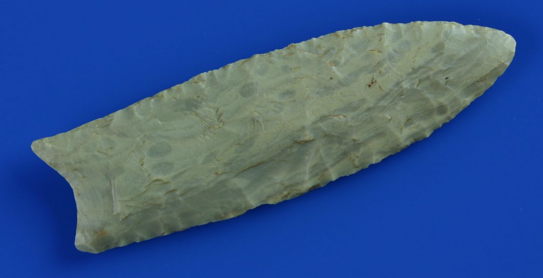 3 1/8" Clovis - Davis G-8 COA: Beautiful striped Tyrone Chert. Thin and exceptionally well made. Found in Wayne Co., Kentucky. Davis G-8 COA.