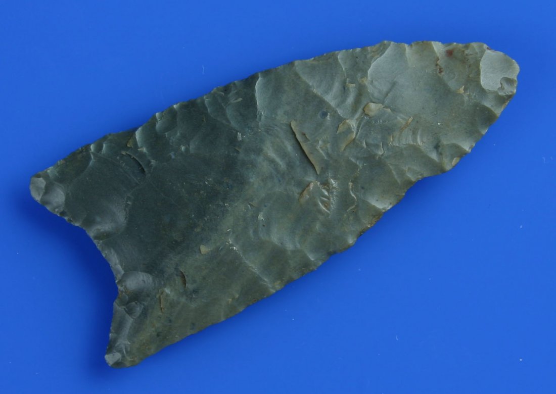 2 3/4" Redstone - 6 COA's: Gray hornstone with multiple shades of gray. Great flutes - 80% one side, 60% the other. Found in Clay Co., West Virginia. Ex- Phillip Maynard Collection. Davis, Stermer, and 4 other COA's.