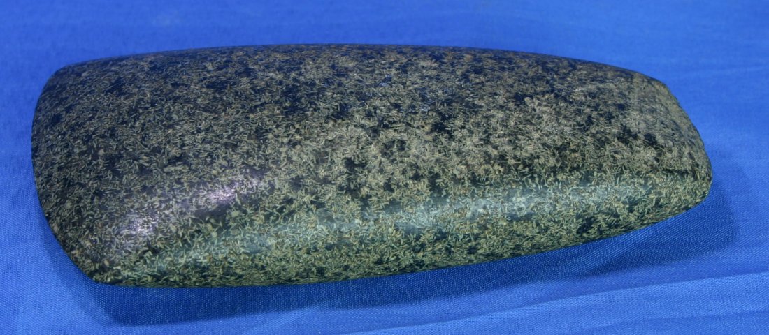 6 3/8" Polished Speckled Granite Celt - Jackson CO: Gorgeous highly polished black and green speckled granite. Extra wide at the 3 inch plus at the bit (which is perfect by the way). Found in Southern Ohio. Jackson COA.