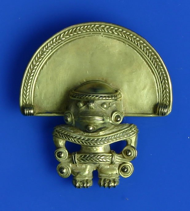 1 9/16" PreColumbian Gold Figurine: Excellent piece of 'Tumbaga / tumbago' gold from Colombia/Peru. Depicts a warrior and displays excellent wirework overall.