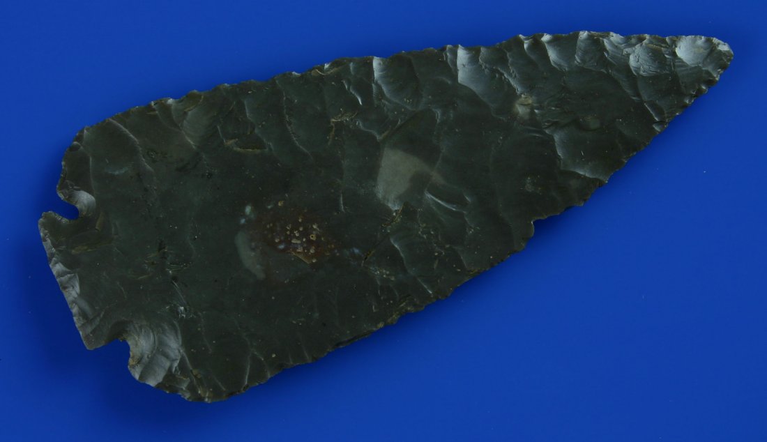 Huge 4 7/16" Decatur - Rogers COA: Dark gray Hornstone. Thin and excellent. Found in Hancock Co., Indiana. Ex- 'Beanie' Johnson Collection. Rogers COA.