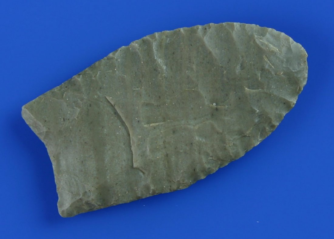 2 1/16" Clovis - Jackson G-9 COA: Virtually perfect example made of banded Tyrone with great flutes on both sides. Mercer Co., Kentucky. Jackson G-9 COA.