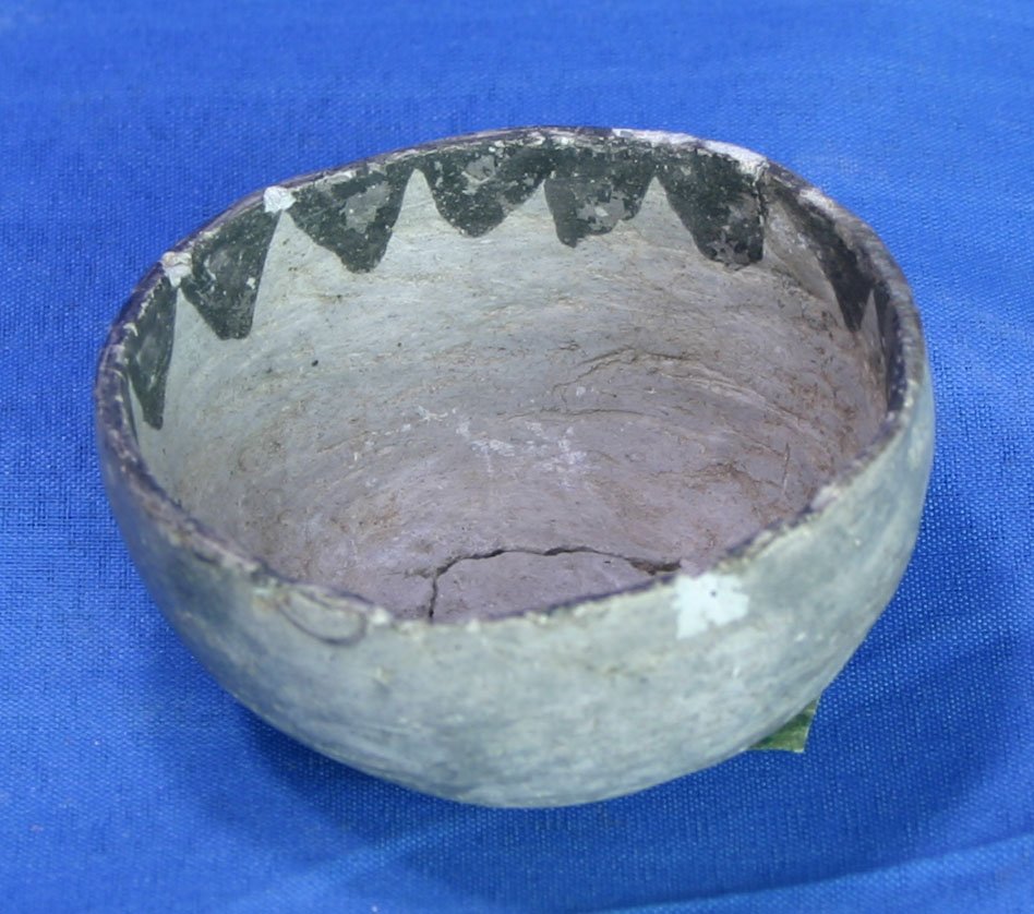 Anazasi Childs Bowl - Jackson COA: 2 13/16" X 1 3/8". Mesa Verde Type reported from Colorado. Extremely, extremely rare. Solid and completely intact. Classic gray with black paint. Ex- Manuel Collection. Circa 700 A.D. Jackson COA. Old