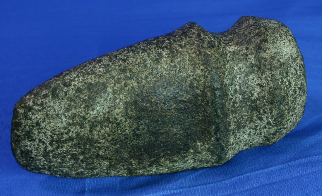 Super 7" 3/4 Groove Axe: Really fine example in black and gray specked granite. Deep channel hafting side. Found in Kentucky. Weighs 3.2 lbs.