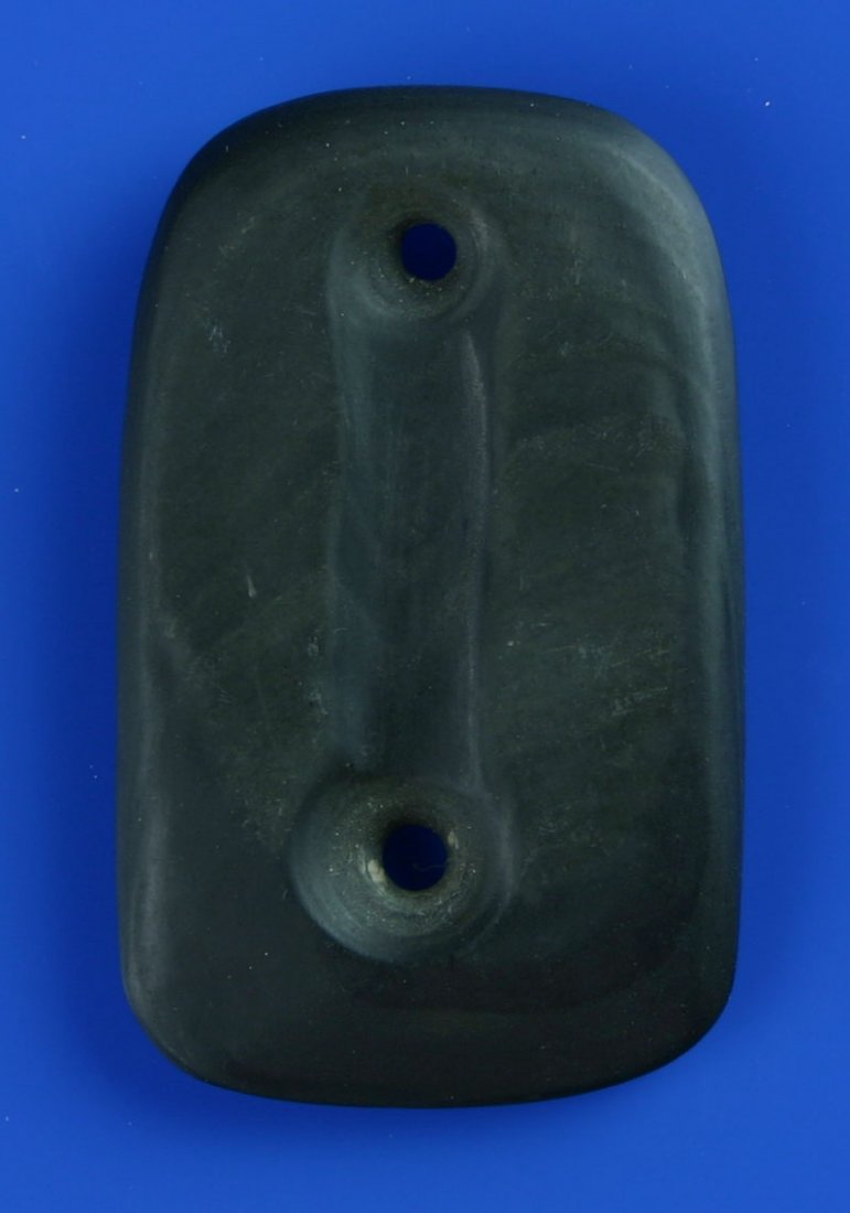 2" Gorget: Banded slate. Unique drilling. Each hole drilled from opposite sides and then connected with U-channel on the reverse. Highly polished. Great condition. Marked - 'Victoria Co ONT'. Found by Ernest Sch