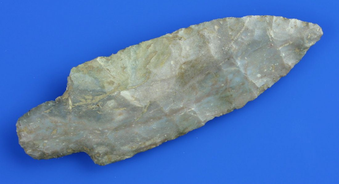 4 3/8" Adena: Super big example in Boyle Chert with multiple colors and stripes. Fayette Co., Kentucky. Ex - Dr. Joe Daugherty Collection.