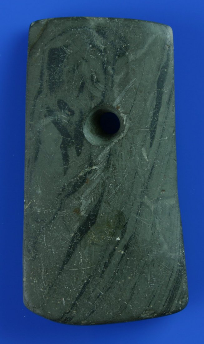 3 5/8" Adena Pendant - Jackson COA: Nicely polished large thick example made of green banded slate with great form. Found in Ohio. Ex- Eric Wagner Collection. Jackson COA.