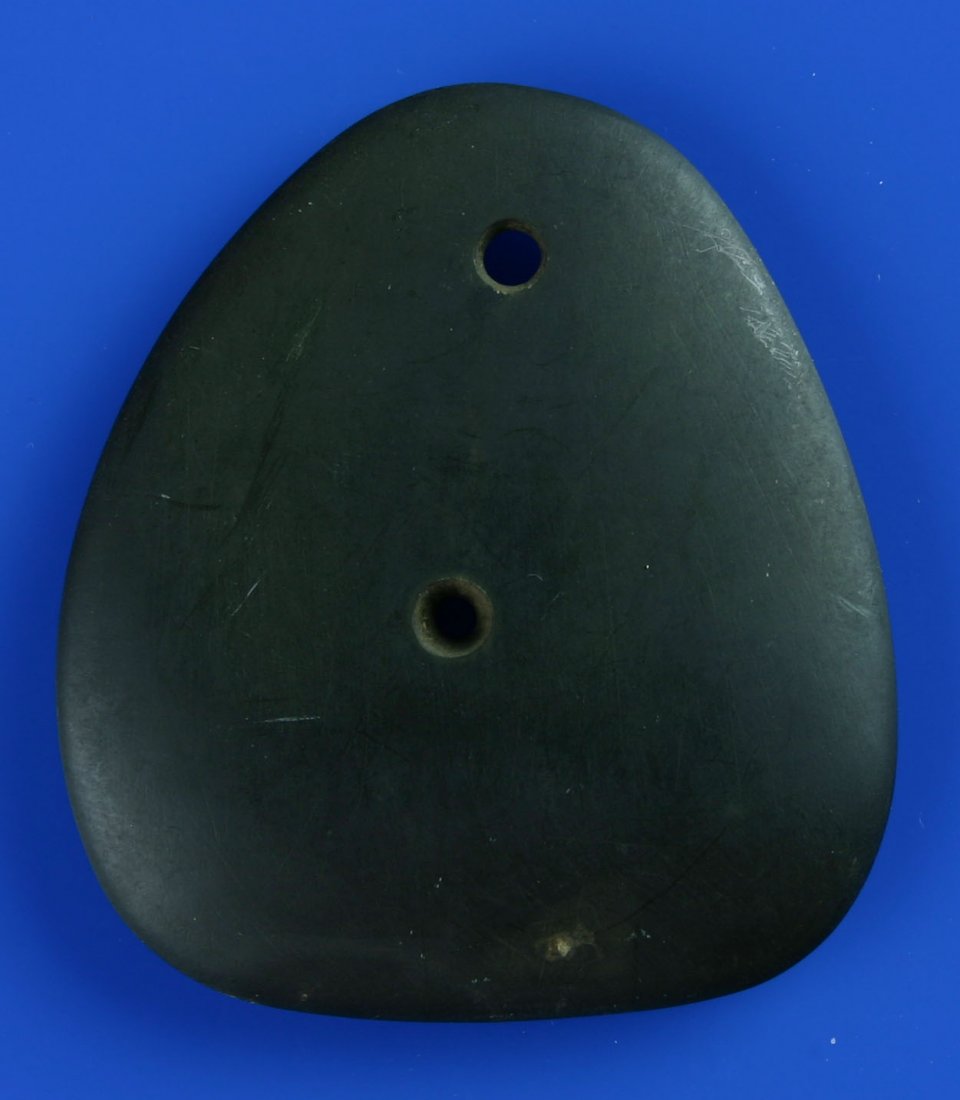 2 9/16" Pendant/Gorget: Super example in green slate with two holes and a third hole started.