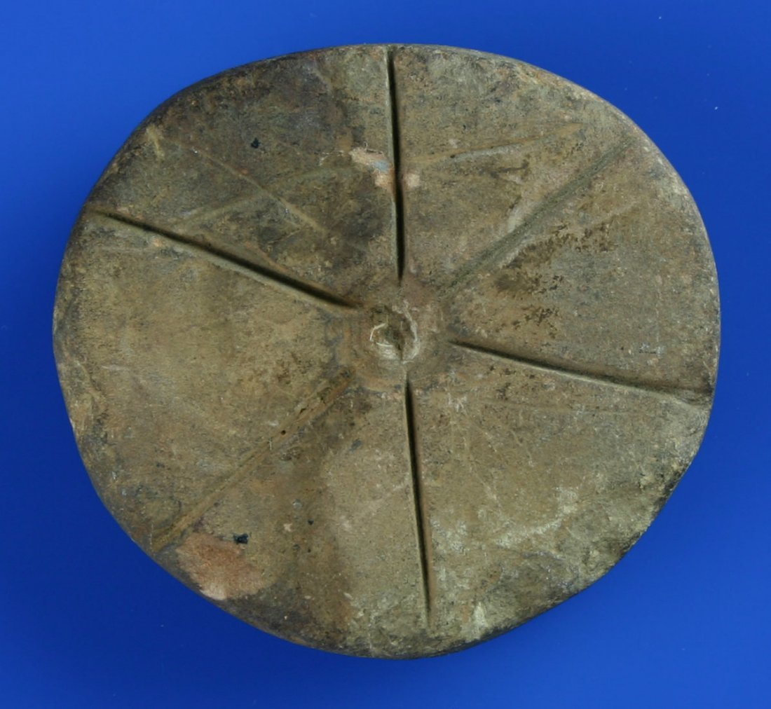 2 1/8" Sandstone Discoidal: Nice Mississippian example formerly of the Dr. Walker Estate. Jefferson Co., Kentucky. Dimpled on both sides with radiating incised lines. Excellent mineralization.