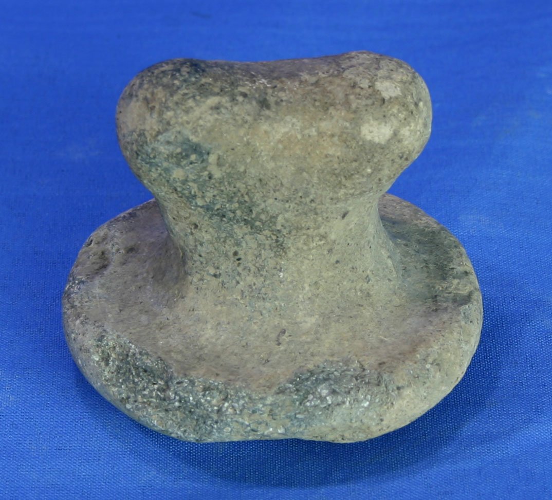 2 3/4"x3" Bottle-Top/Pottery Trowel: Large well formed example with old script on bottom. Marked 'Scott Co., Missouri'. Shell Tempered Clay. Ex - Dr. Walker Estate.