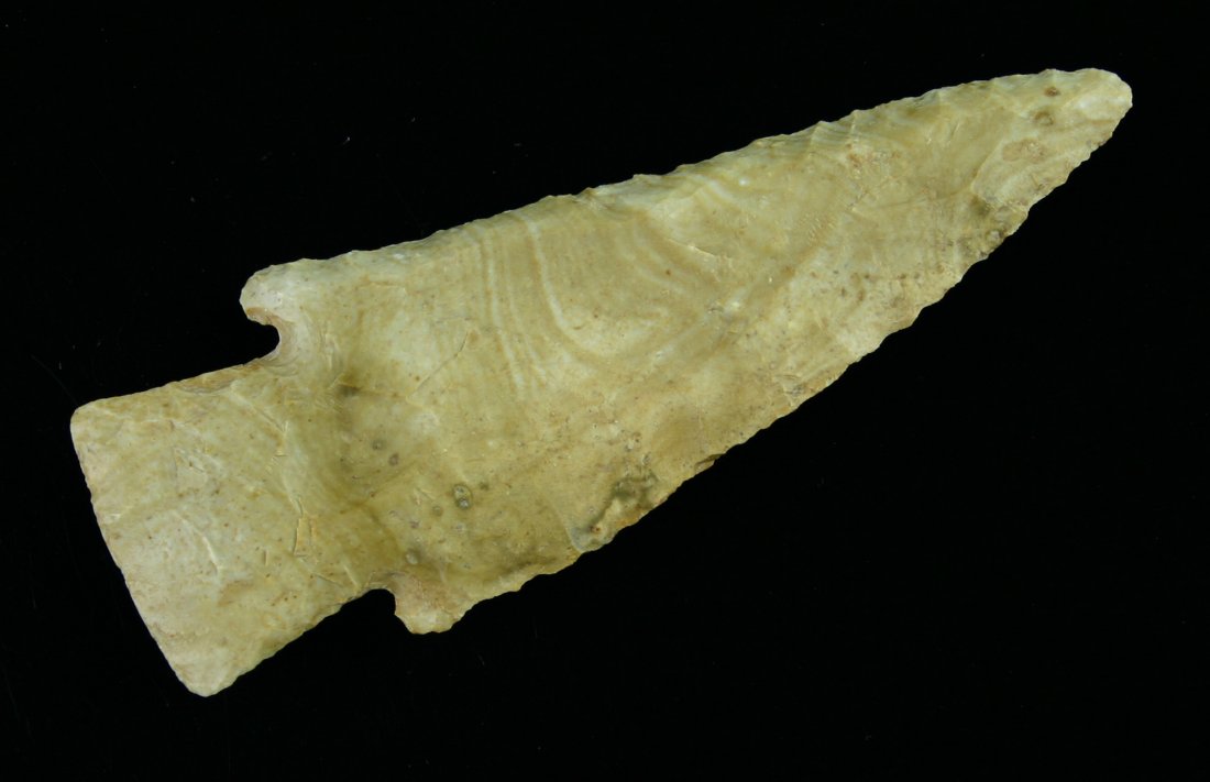 4" Hardin: Nice big example. Very thin with a steep bevel on each blade edge. Cream chert. Swifton, Arkansas. Ex- Olie Miller.