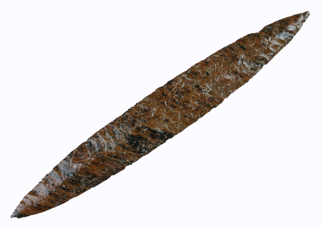 11 7/8" Colima Threshold Cache Blade - Jackson G-9: Gorgeous mostly red with some black Mahogany Obsidian. Huge and slender with awesome transverse flaking. From the Lake Chapala Region on the border of the states of Jalisco and Michoacán. Tabasco Cul