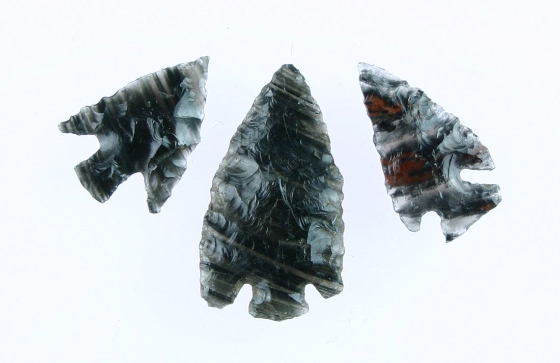 3 Super Translucent Banded Obsidian Points: Two gorgeous banded obsidians with the third in 'Tri-Flow' obsidian. Washoe Co., Nevada. Ex - Stinson