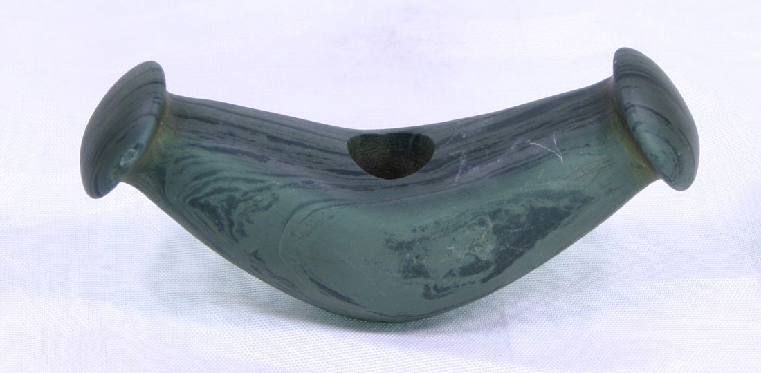 2 3/8" x 4 7/8" Knobbed Crescent Bannerstone Ex -: Green Banded Slate example from Monroe Co., Michigan and Ex - B.W. Stephens Collection #B-349.