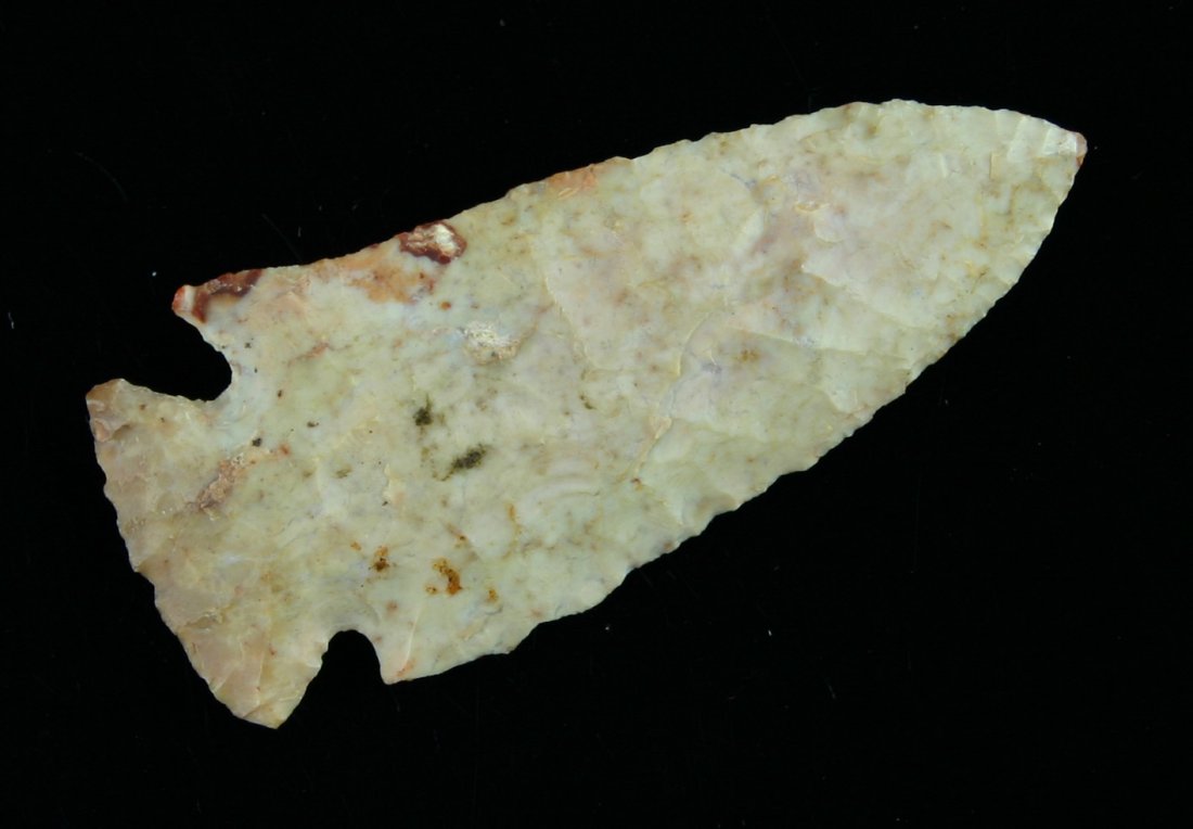 2 3/8" Stilwell: Glossy cream colored chert with orange specks throughout. Warren Co., Ohio. Old collector #F25. Ex- Tim Johnson.
