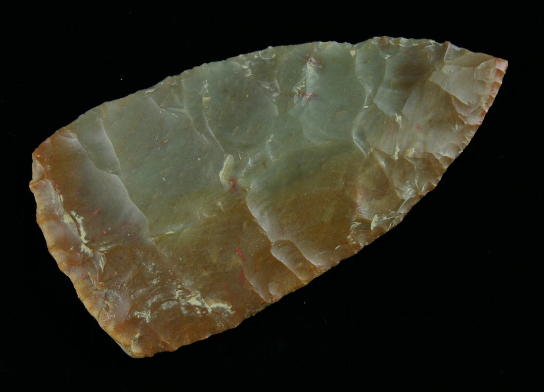 3 3/4" Lost Lake Arrowhead Preform - Jackson COA: High quality high gloss caramel and brown Carter Cave flint. Looks like a piece of hard candy. Needle tip. Great flaking. Found in Montgomery Co., Kentucky. Ex- Willoughby Collection.