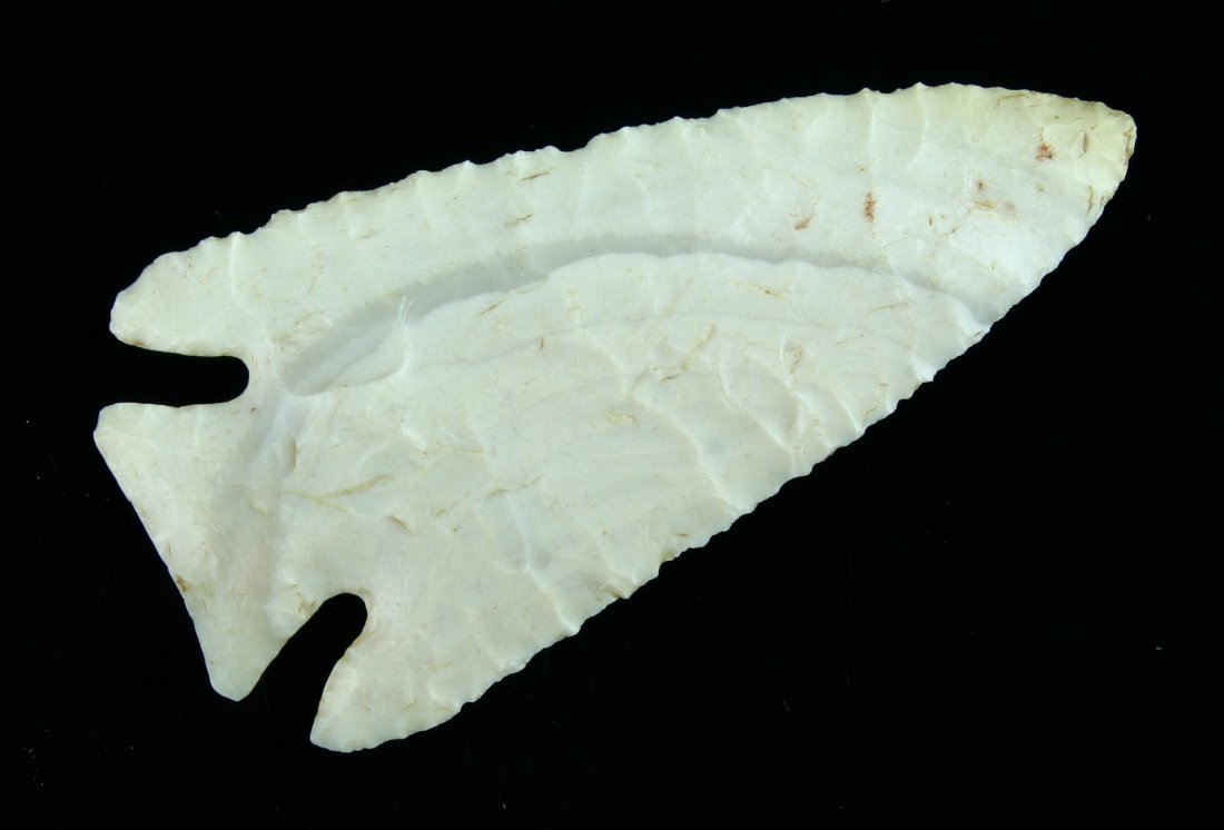 3 7/16" Lost Lake - Jackson COA - PICTURED: Mason Co., Kentucky masterpiece. Ex - Rice and Allen Collections. Very pretty translucent white Carter Cave flint. Pictured in Indian Artifacts of the Midwest, Book IV, page 89. Jackson COA.