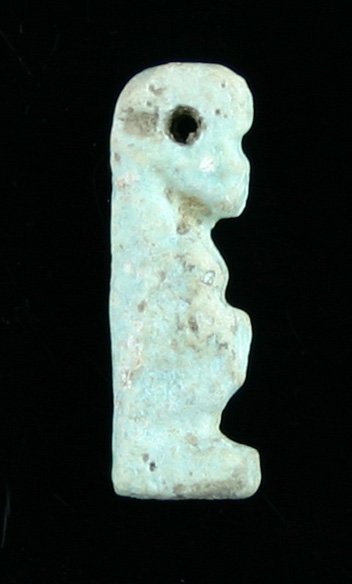 24mm Ancient Egyptian Faience Diety Amulet: Head appears to be that of a Falcon with a distinct beak. Drilled for suspension. Wearable if desired. Pretty light blue faience. Dates to 26th Dynasty in ancient Egypt.