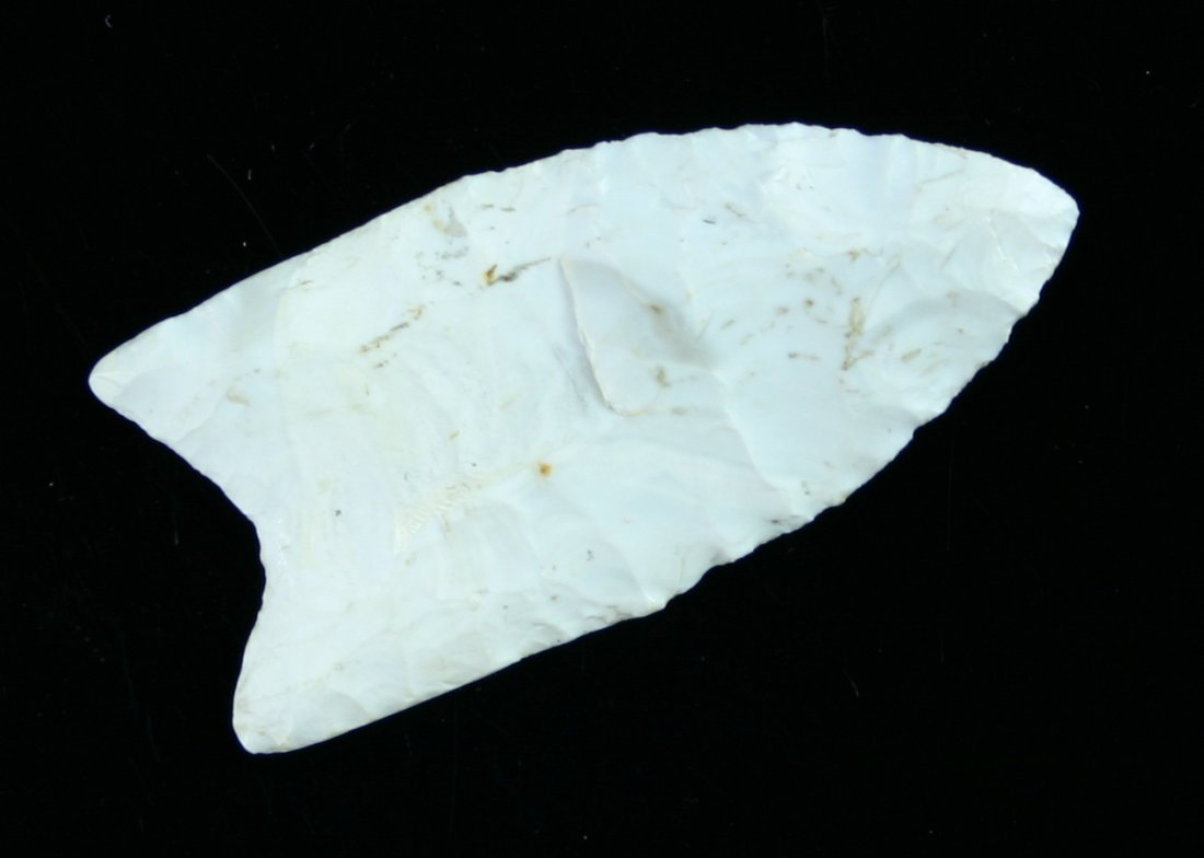 2 1/4" Clovis - Putty G-9 COA: Nice white Flint Ridge flint example from Scioto Co., Ohio. Putty G-9 COA. Ex - John Robinson Collection.