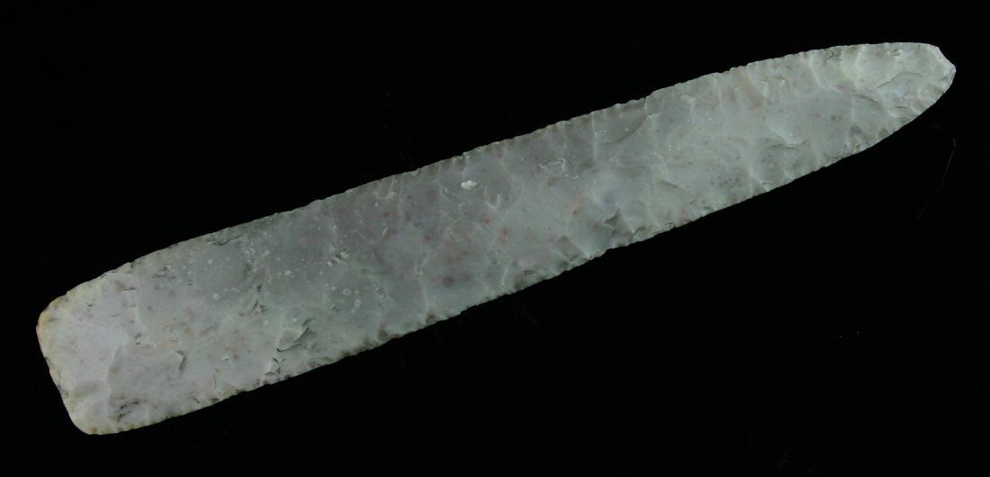 MASSIVE 8 1/4" Friday Blade: Incredible large example in a mauve Edwards Plateau Chert found by Paul Stinson in Central Texas. Some Caliche.