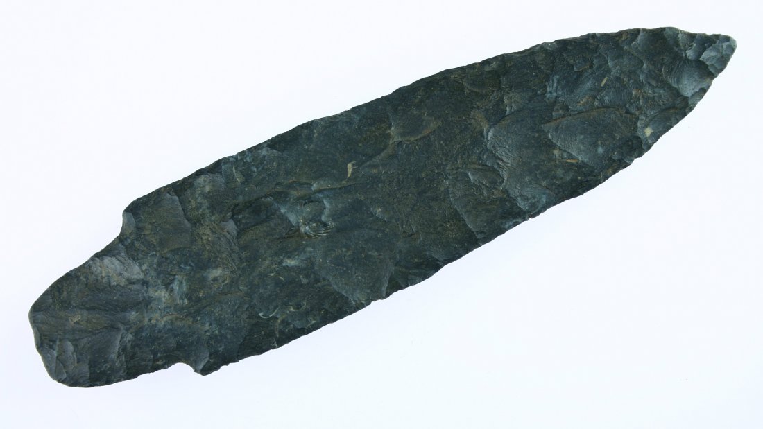 5 13/16" Coshocton Adena - 4 COA's: Perino, Davis G-9, Partain, and Putty COA's. Extra large and excellent. Made of pretty blue/black Coshocton. Found in Jackson Co., Ohio. Ex- James Cox Collection.