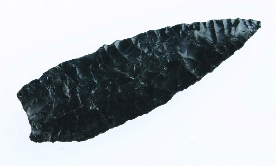 2 13/16" Humboldt: Obsidian example found in the 1960's in Oregon. Nicely flaked with oblique flaking.