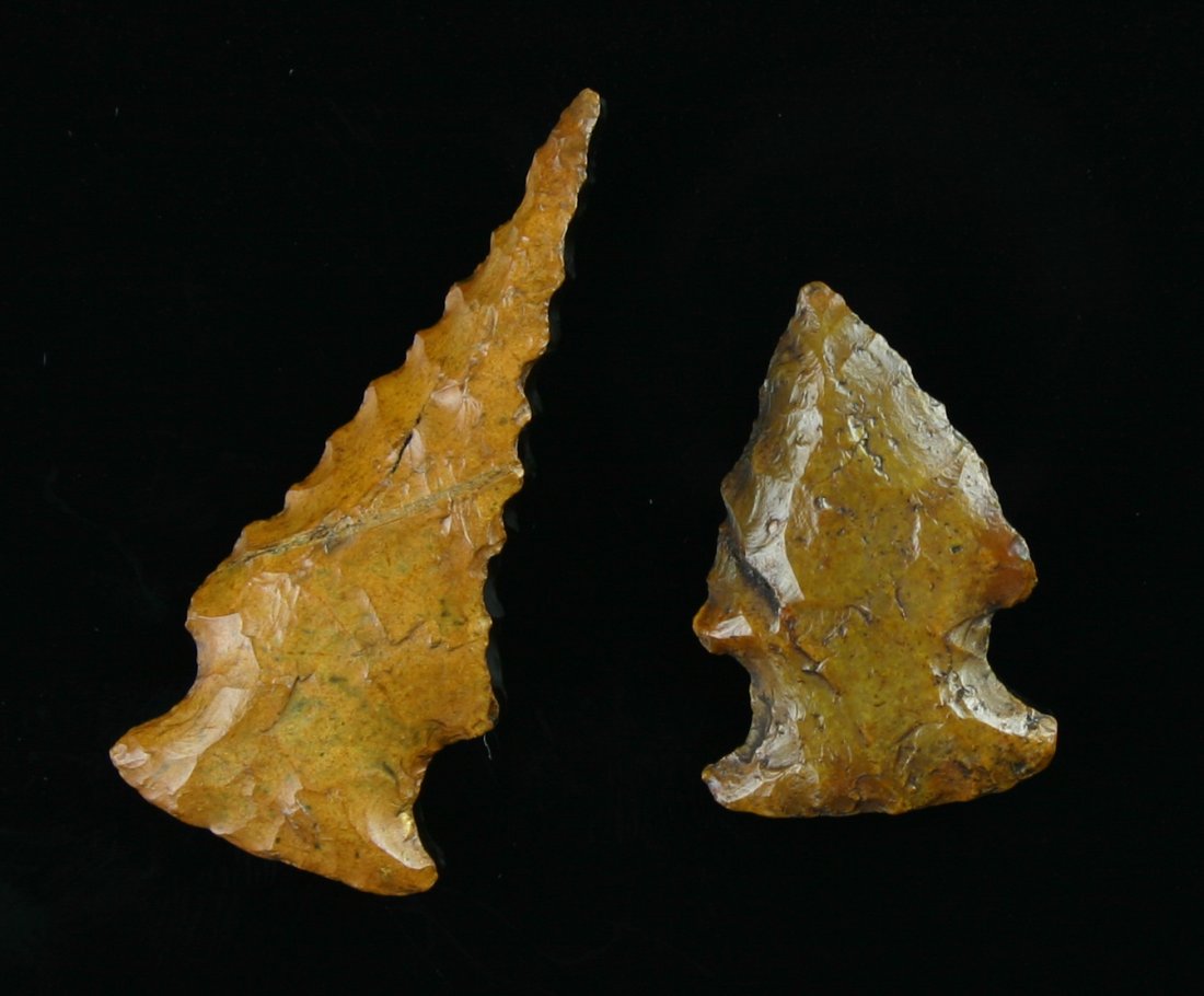 Pair of Bolen Bevel Points: Heavily river polished pair from FL/GA and formerly of the Carter Estate.