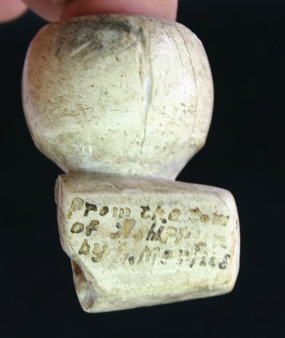 1 7/16" x 2 1/16" Platform Pipe: Nicely made salvaged example marked 'From the town of Ashippun by N. Merills' - Waukesha Co., Wisconsin. RARE white Pipestone. Great use polish. Ex - Schug Family Collection.