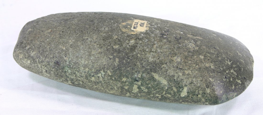7 1/4" Celt: Nicely made from a Porphyry diorite formerly of the Dr. Hawes Collection (Ha.) and found in Mississippi Co., Missouri.