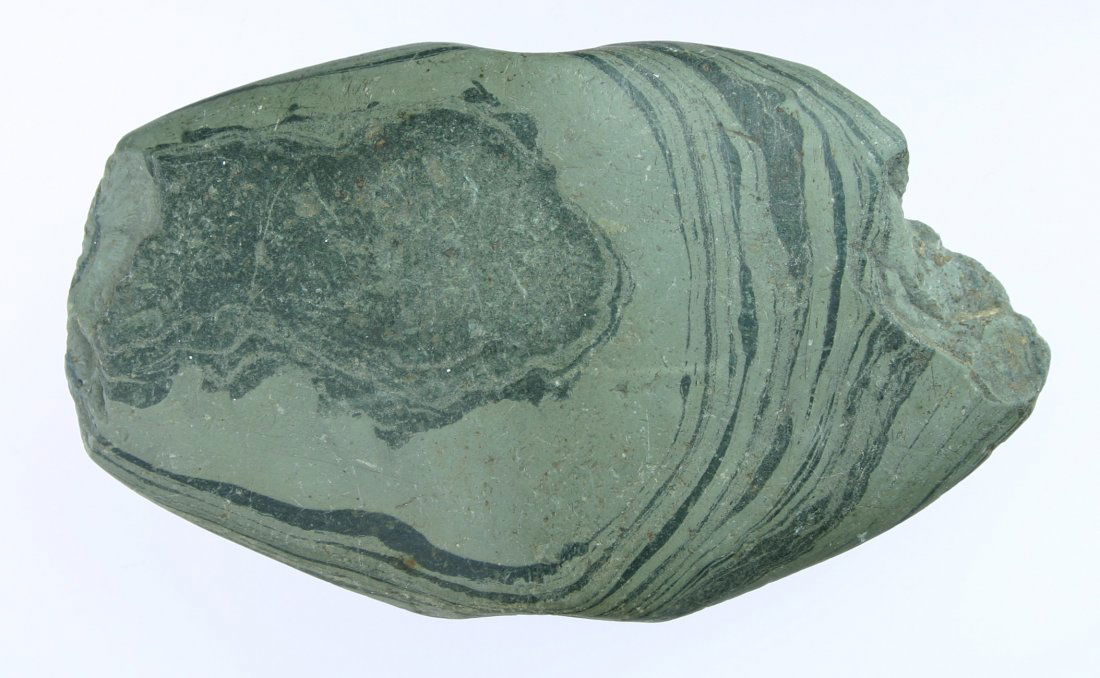 2 1/2"x 4 1/4" Winged Bannerstone: Green Banded Slate example from Bourbon Co., Kentucky. Ex - Clem Caldwell Collection. Great mineralization.. Good honest relic.