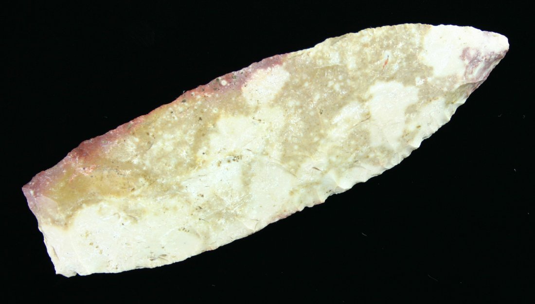 4 11/16" Agate Basin - Rogers COA: Found near Mission Township in LaSalle Co., Illinois. Mottled Cream, Brown and Purple Burlignton Chert. Rogers COA