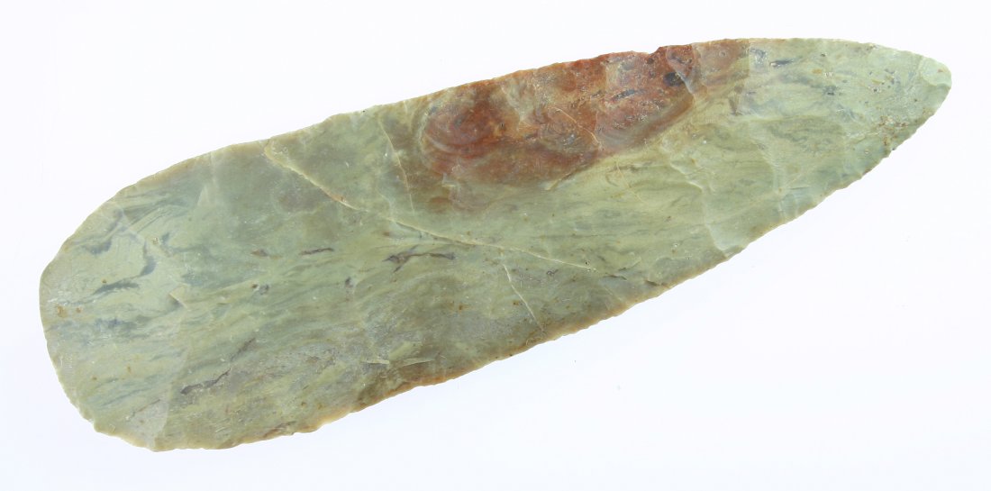 6 3/4" Cobbs Knife - Davis G-10, Bennett, & Partai: Truly outstanding example made of extra pretty caramel and red colored Carter Cave Flint. Found in Boyd Co., Kentucky. Ex- Dr. Fred Cory and James Willis Collections. Davis G-10, Bennett, & Partain CO